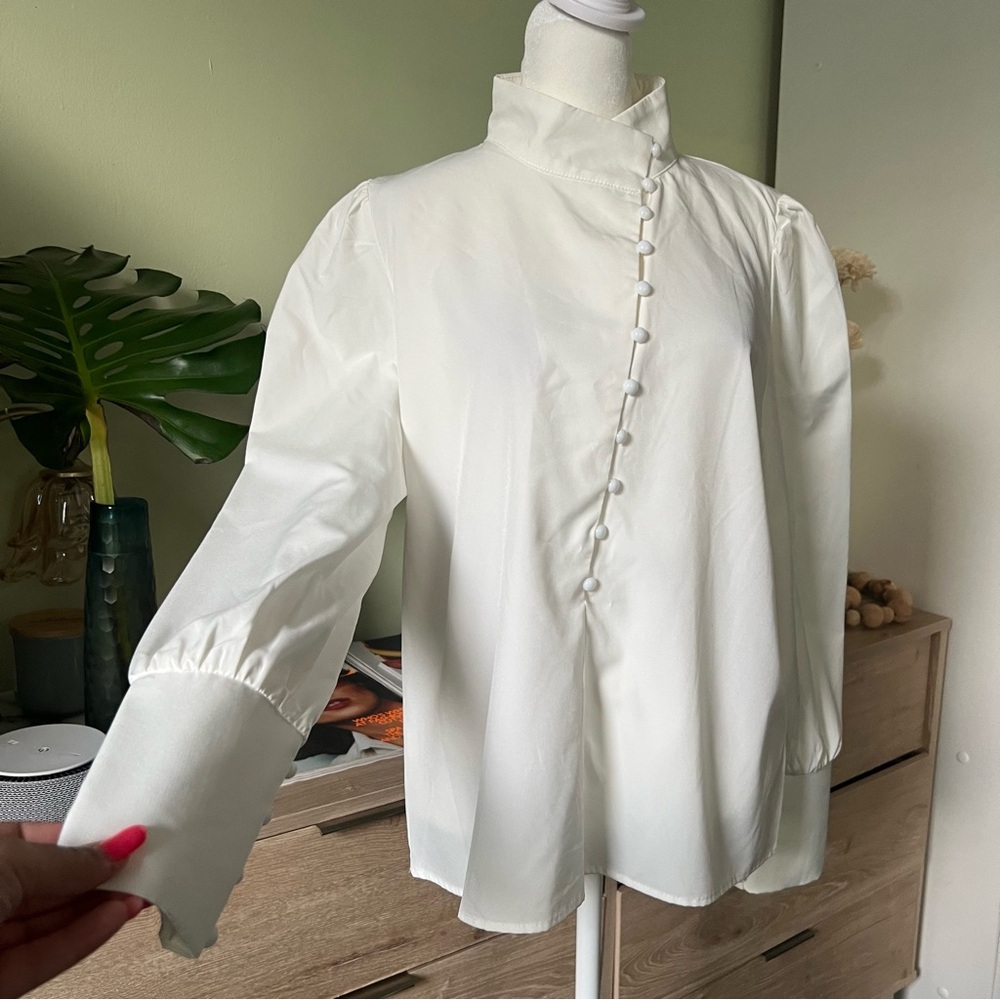 Off-White High Mock-Neck Long Sleeve Modest Asymmetrical Button Dow Shirt Blouse - Picture 7 of 16